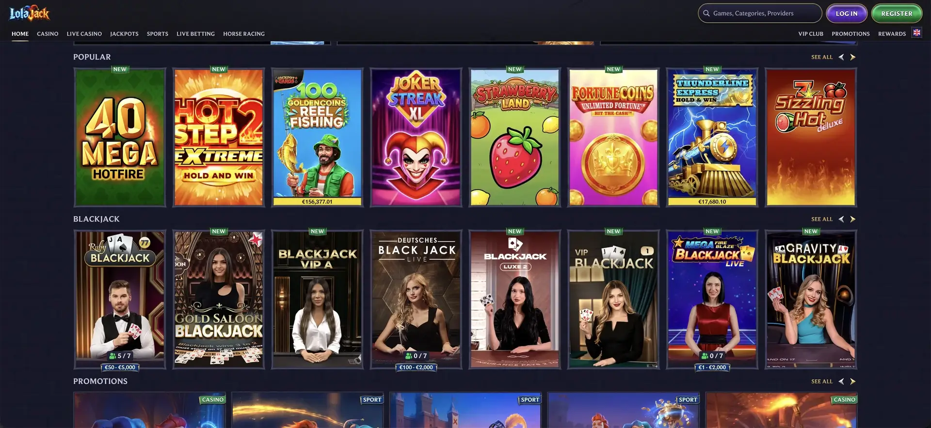 LolaJack casino homepage and popular games for Australian players