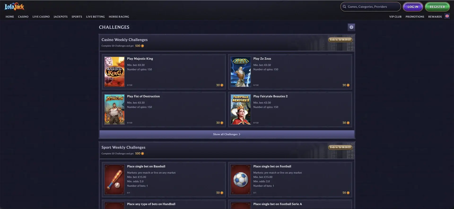 LolaJack weekly casino and sports challenges