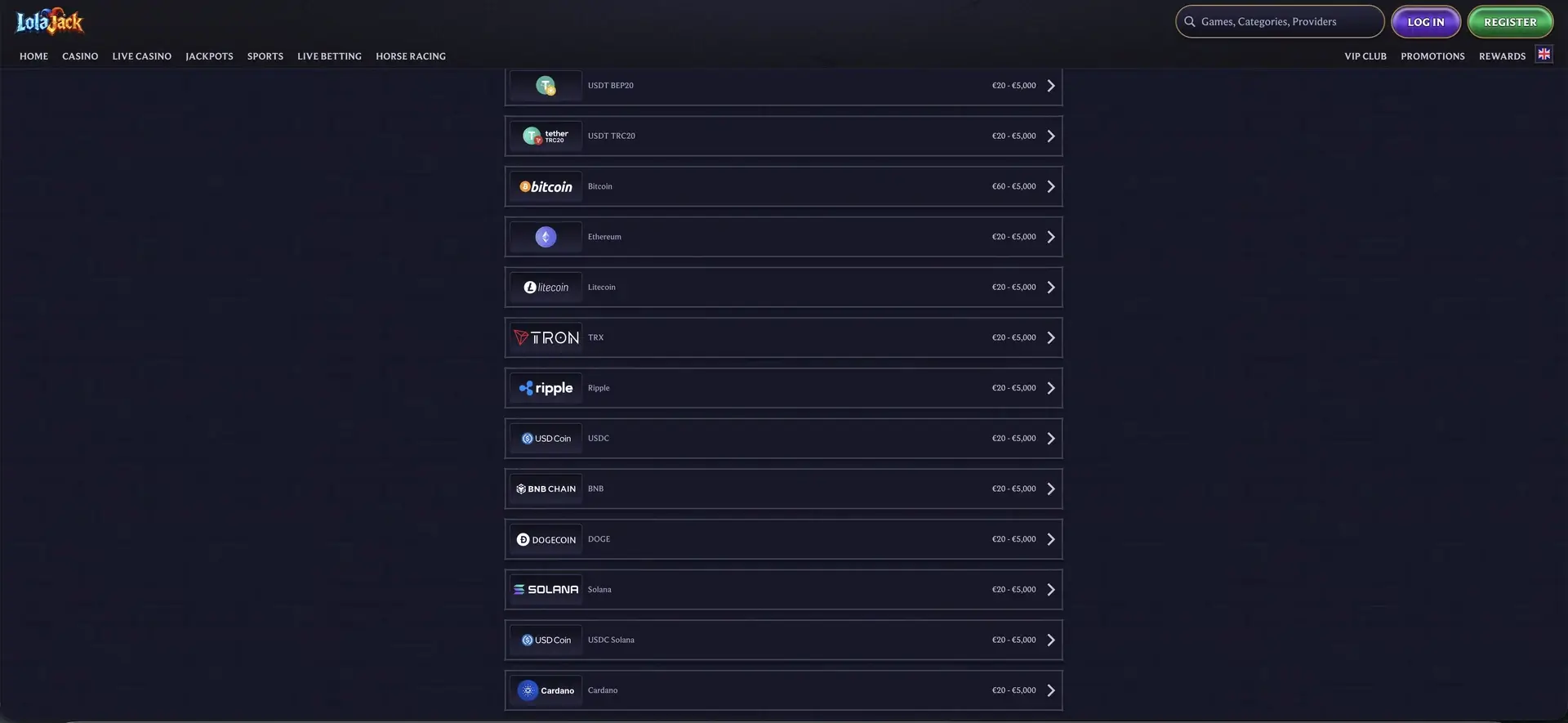 Cryptocurrency deposit methods at LolaJack