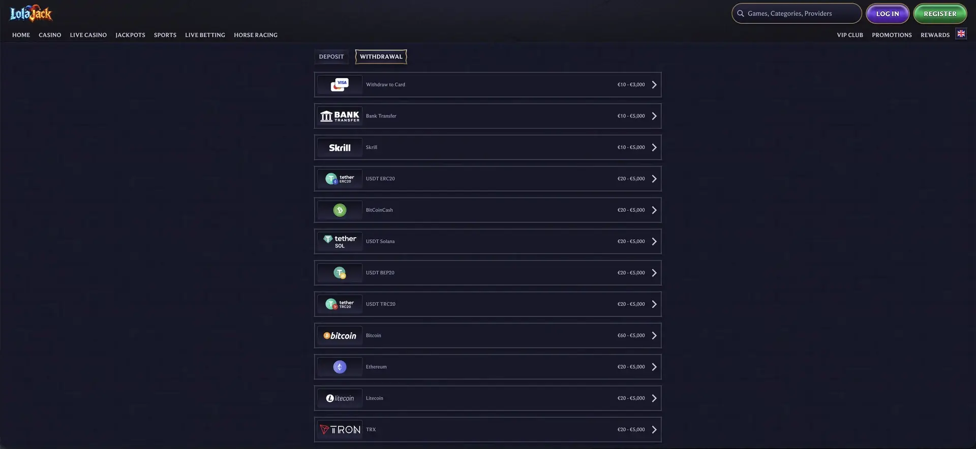 LolaJack deposit methods available to Australian players