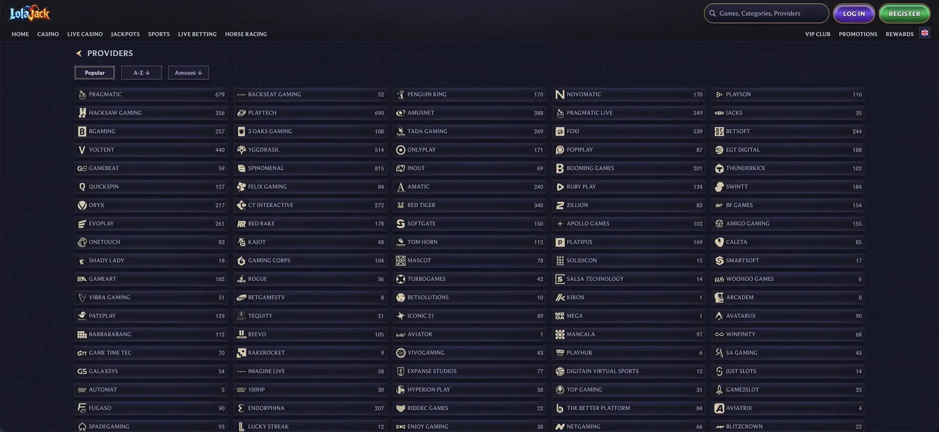 LolaJack game providers and studio catalogue
