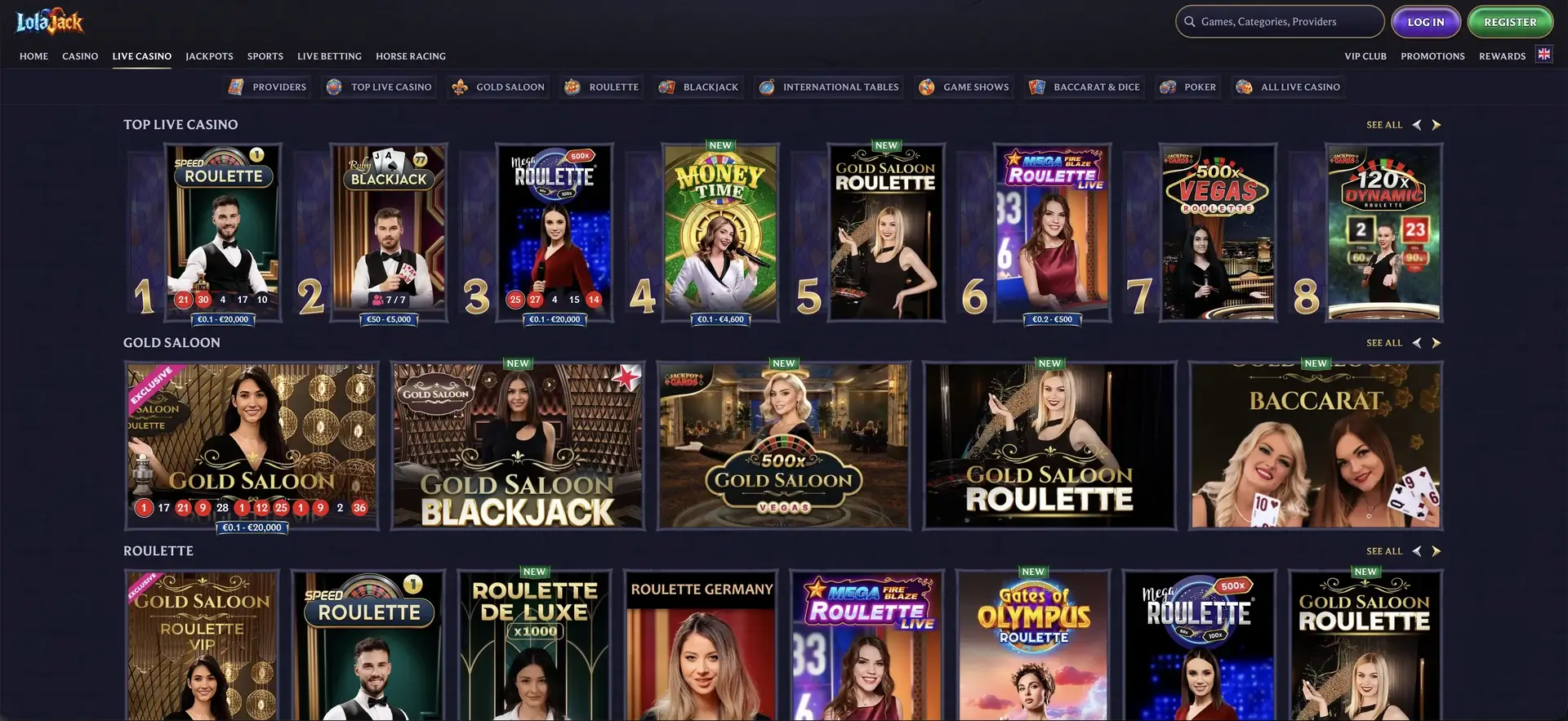 LolaJack live casino tables and games