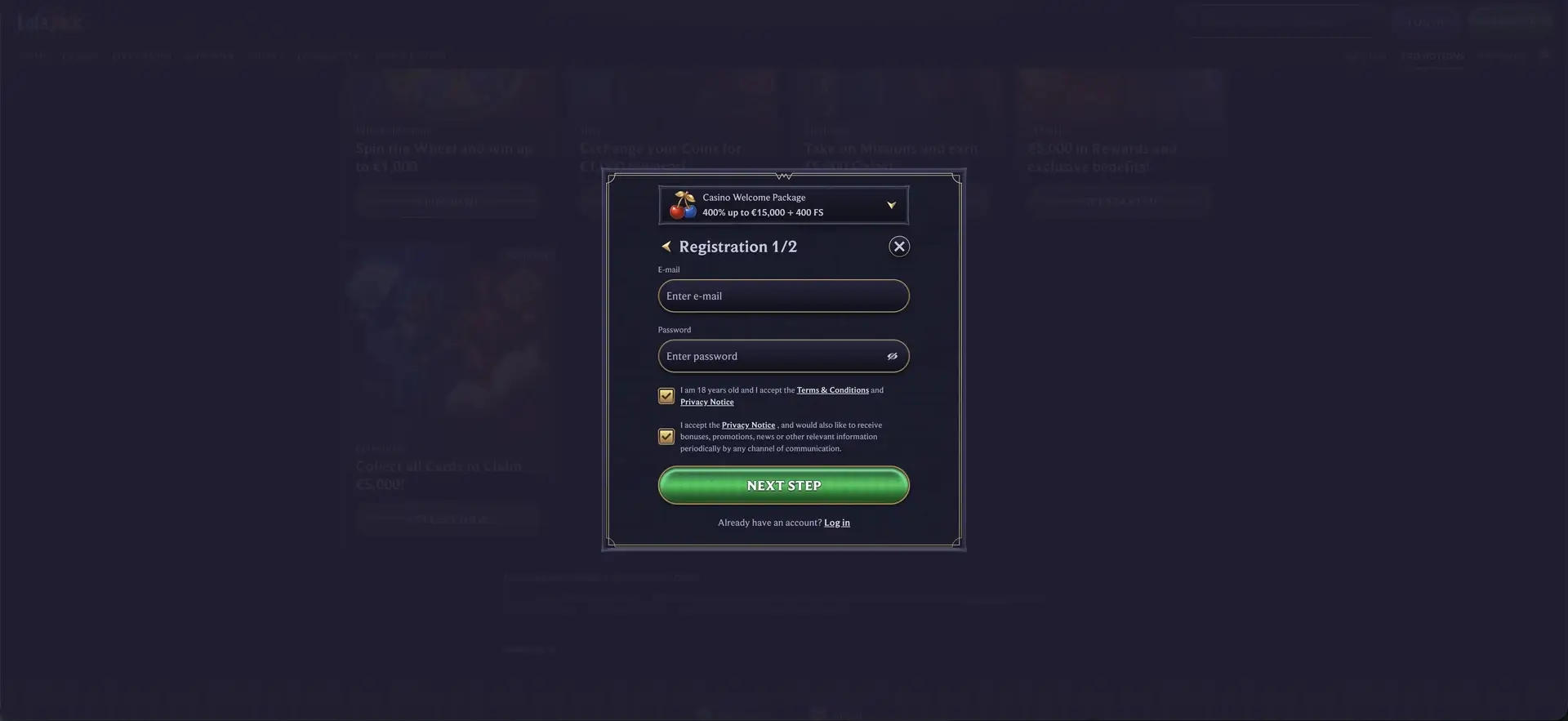 LolaJack account registration form