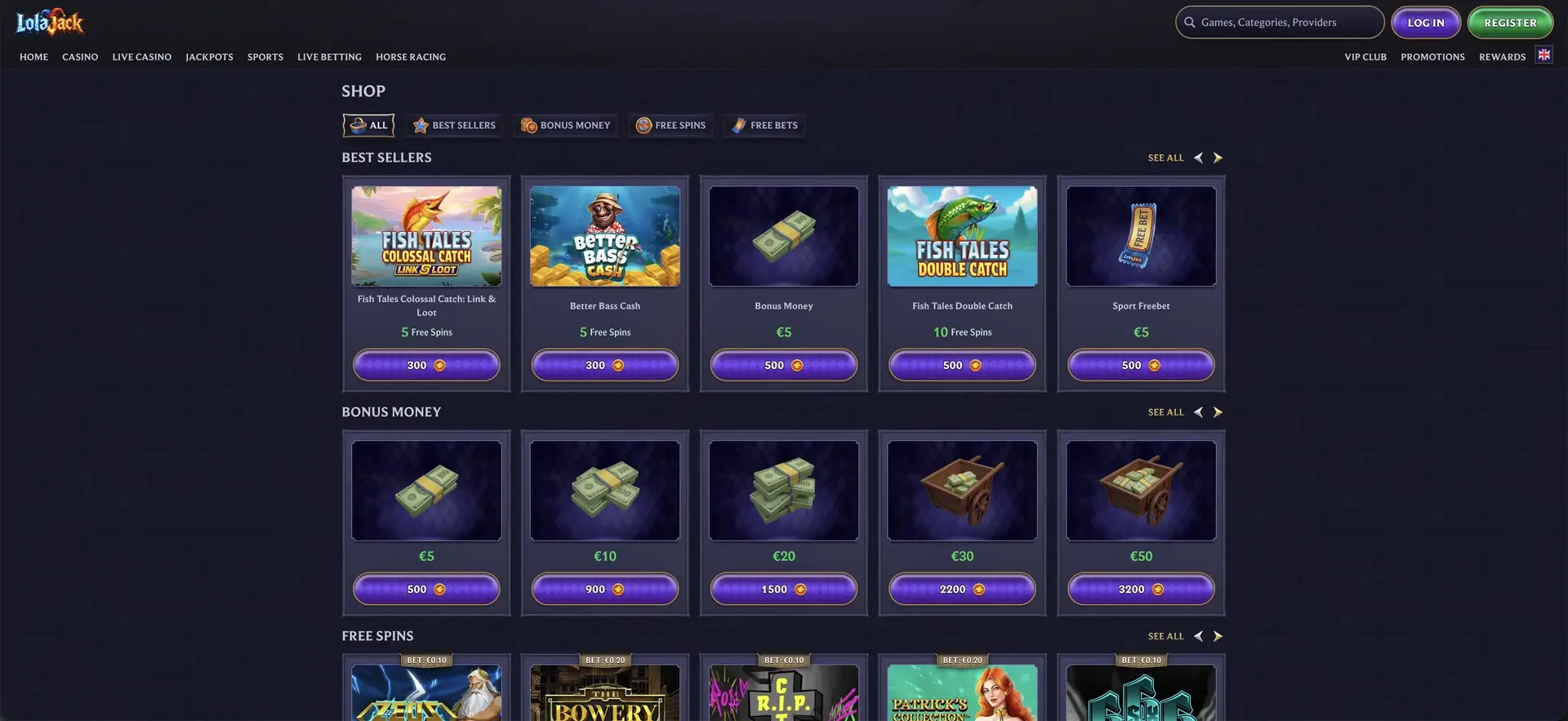 LolaJack Rewards Shop and coin exchange options