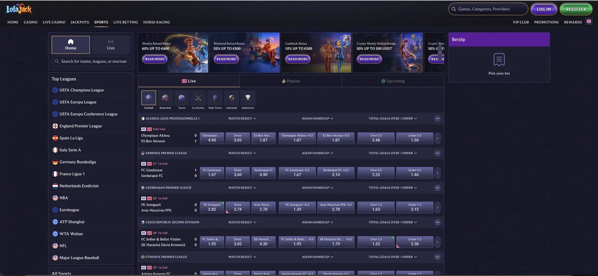 LolaJack sportsbook and live betting interface