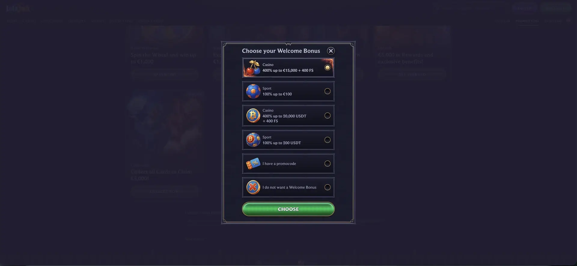 LolaJack welcome bonus selection during registration